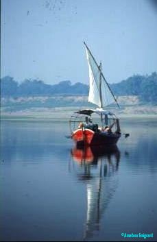 Idyllic-view-of-boats-we-used-on-Ganges-sailing-trips-near-Varanasi-India