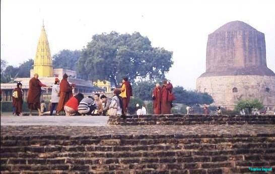 Monks and visitors at Sarnath. Varanasi,