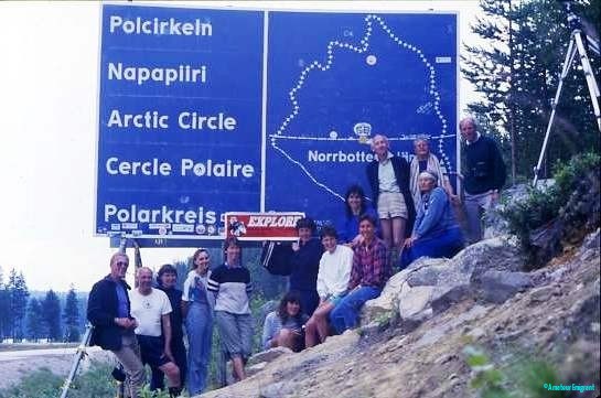 Swimmers posing by the Arctic Circle sign