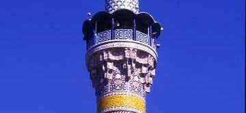 Minaret at Zaynab Mosque outside Damascus Syria. Covered in intricate tile mosaic
